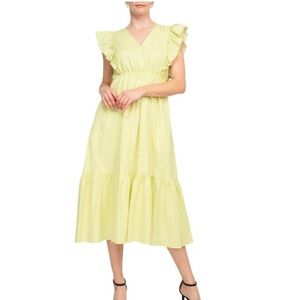 Nanette Lepore Striped Flutter Sleeve Midi Dress in Citrine White